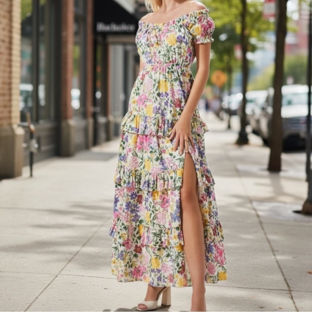 ASTR the label Viona Cottagecore Tiered Maxi Dress Pink Yellow Floral SZ S
